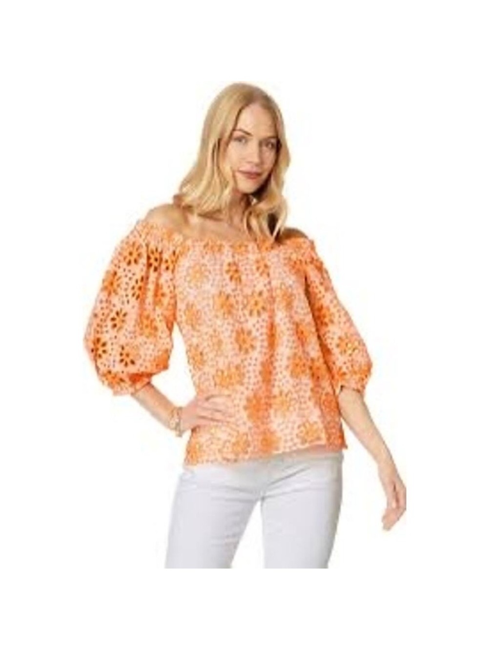 T2) Lilly Pulitzer 💐Off-Shoulder Orange Eyelet Puff-Sleeve Top